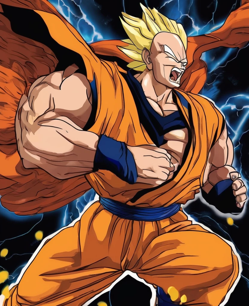 Putin, President of Russia, with the mouth open, com cabelo de Dragonball, de Goku, yellow