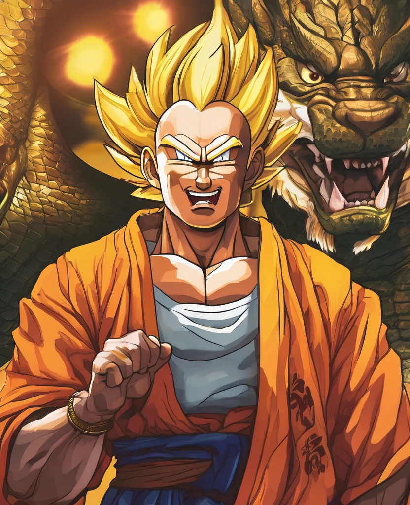 Putin, President of Russia, with the mouth open, com cabelo de Dragonball, de Goku, yellow