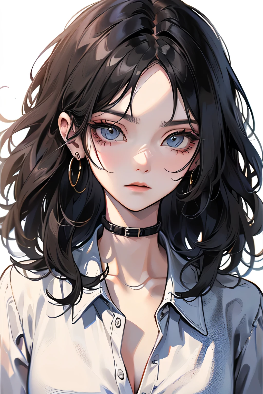 Extremely detailed Artgerm, 8K high quality detailed art, (((calm girl with flowing black hair in a shirt))), (with an indifferent expression on his face)