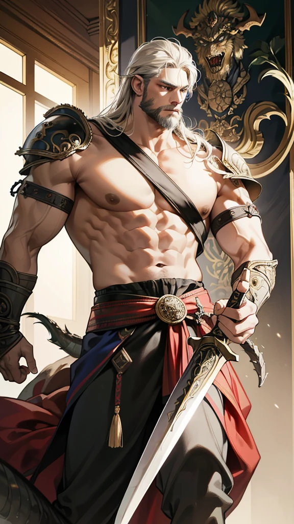 (((Masterpieces potrait of a Handsome dragon king Holding massive Berserker Sword))), (extremely muscular physique), ((Viking style beard)), ((wearing medieval leather Armor)), (sitting on a huge throne), (epic realistic quality, 8k, 16k, ultra-resolution, masterpiece:1.36), ultra-detailed, (realistic, photorealistic, photo-realistic:1.37), (intricate details), chiaroscuro lighting, dramatic shadows, fantasy, epic, cinematic, highly detailed face and eyes, ((extremely detailed musculature)), dramatic pose,