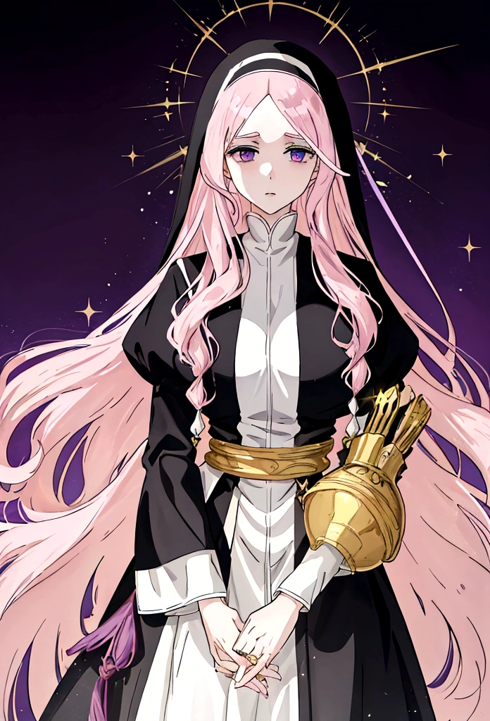 anime styling, best qualityer, pale white woman, Very Long Pastel Pink Hair, some wavy locks, bangss, purples eyes, nun, dressed in royal clothes in black and white tones full of golden details, body covered. tight clothing, She is praying with a serious expression on her face. The background must be illuminated by a holy light, with light particles floating in the air, to create a serene and spiritual environment. Medieval RPG theme.
