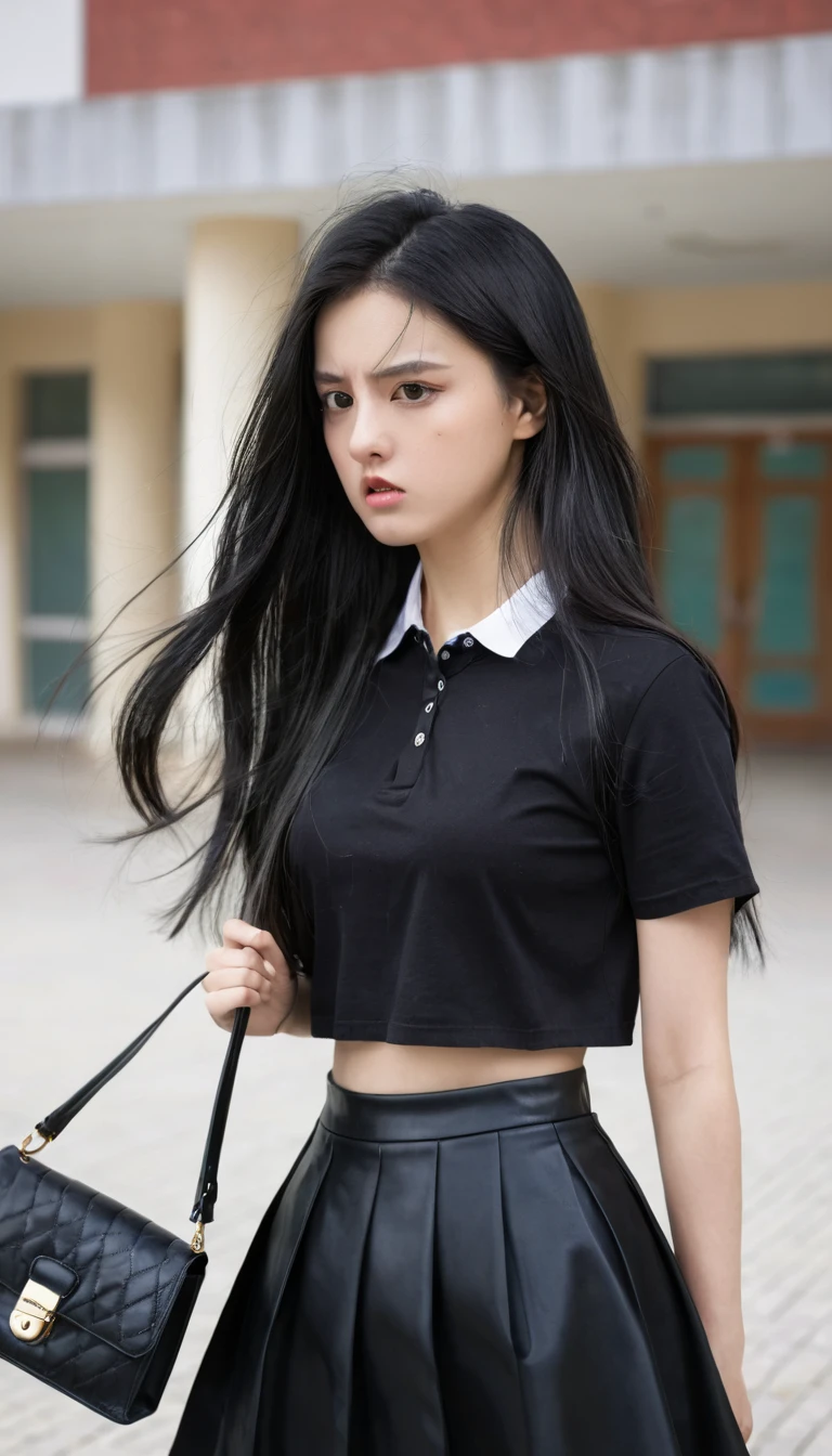 in school, A girl, Frontal lobe, Black long hair, Black skirt, Bag, angry, revile, Very detailed, 4K