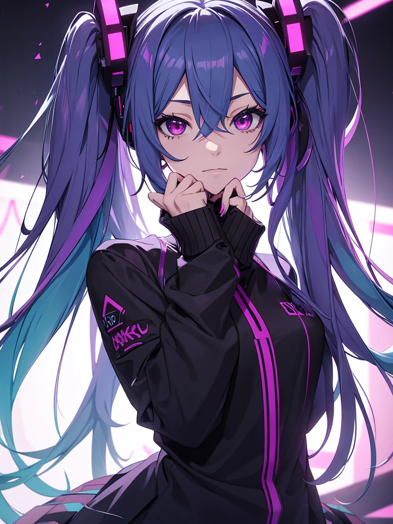 hatsune miku, emo, goth, black and purple hair, red eyes