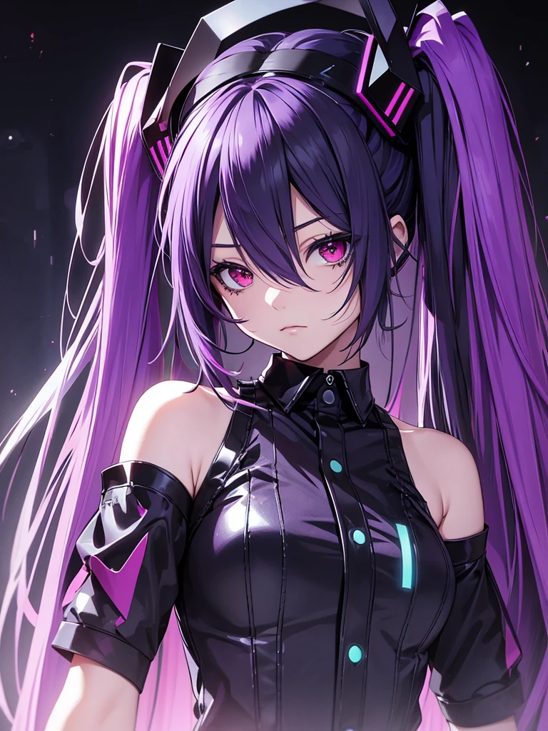 hatsune miku, emo, goth, black and purple hair, red eyes