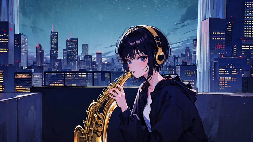 Black short Hair, Black Clothing, One Adult Woman Looking Sideways ,Blue headphones、 City of night, Delicate background、Masterpiece、Night Town、night、dark、Nostalgic、City、Playing the saxophone