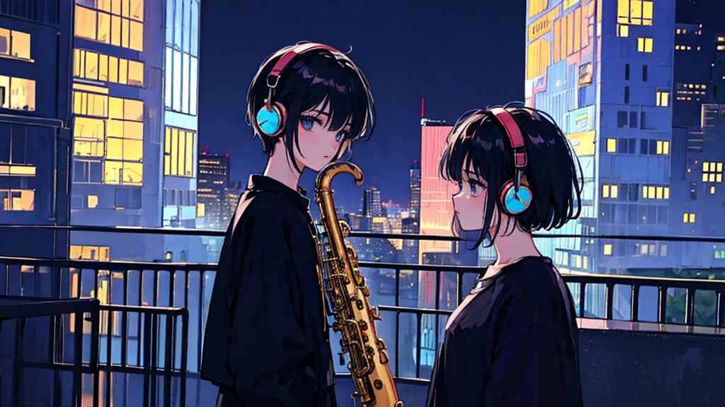 Black short Hair, Black Clothing, One Adult Woman Looking Sideways ,Blue headphones、 City of night, Delicate background、Masterpiece、Night Town、night、dark、Nostalgic、City、Playing the saxophone