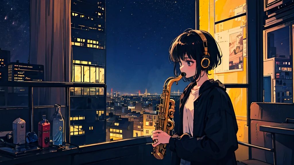 Black short Hair, Black Clothing, One Adult Woman Looking Sideways ,Blue headphones、 City of night, Delicate background、Masterpiece、Night Town、night、dark、Nostalgic、City、Playing the saxophone