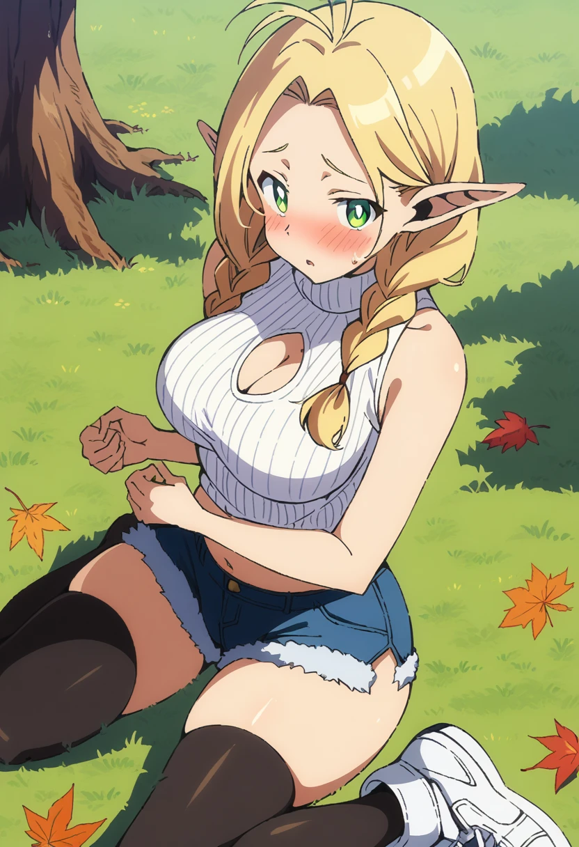 anime art style, masterpiece, best quality, very aesthetic, absurdres, dynamic shadows, atmosferic, marcille donato, ((1girl)), blonde hair, long hair, braid, twin braids, long braids, parted bangs, green eyes, pointy ears, curvy body, large breasts, sexy, cleavage, white sneakers, turtleneck sweater, striped sweater, white sweater, cutout on cleavage, micro shorts, denim shorts, black thighhighs, bare arms, borrowed, embarrased, intense blush, ((feet out of frame)), (from front), (wariza), (spread legs), (grass), (afternoon), (autumn), (trees), (clouds), (looking at viewer:1.0)