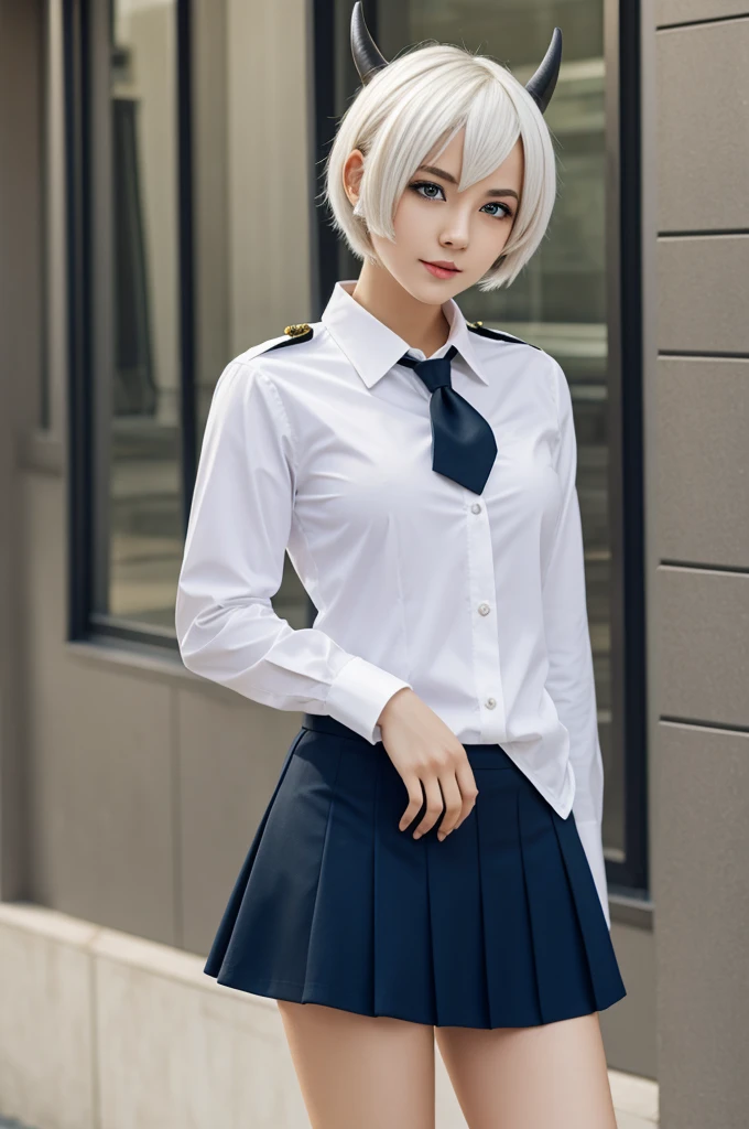 anime woman girl. short white hair. It has black horns. Clothing: a uniform, white shirt, red tie, and blue skirt.. green eyes