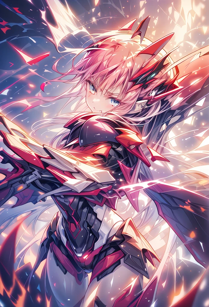(masterpiece:1.2), best quality, high resolution, extremely detailed CG, absurdres, highres, 1girl, mecha girl, colorful light particles arounded, glitter, glowing wings, (((vivid color))), angry, smile, Colorful portraits