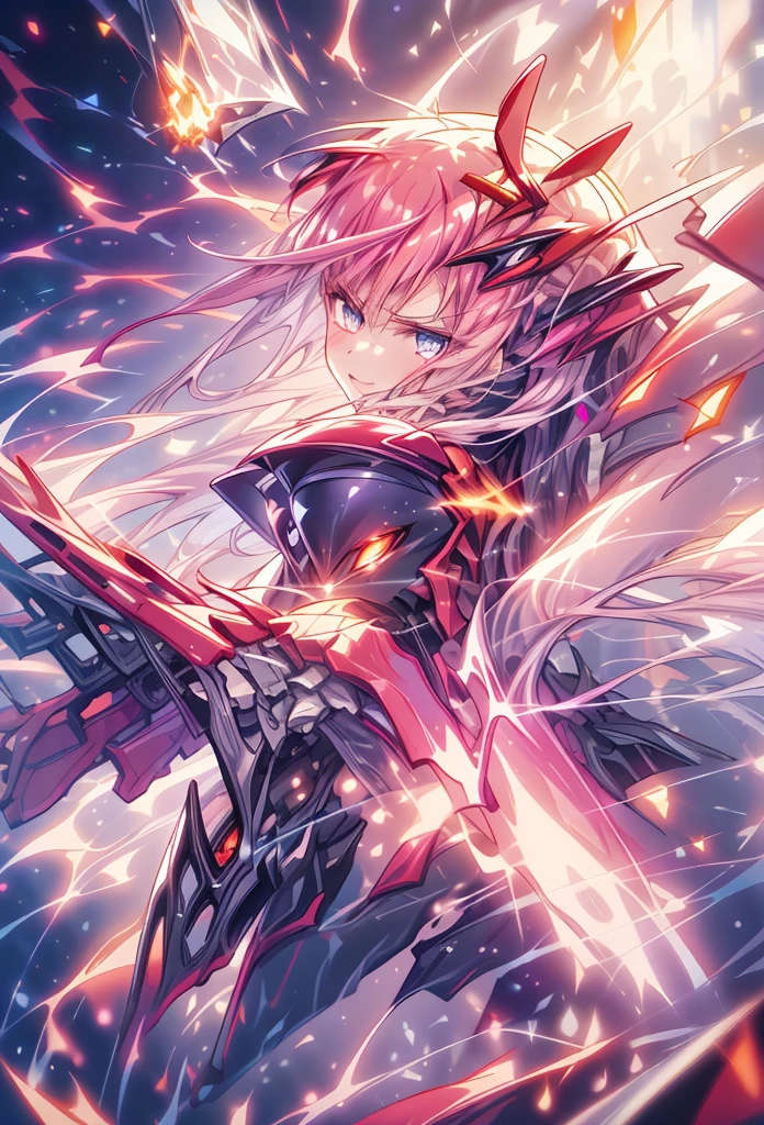 (masterpiece:1.2), best quality, high resolution, extremely detailed CG, absurdres, highres, 1girl, mecha girl, colorful light particles arounded, glitter, glowing wings, (((vivid color))), angry, smile, Colorful portraits
