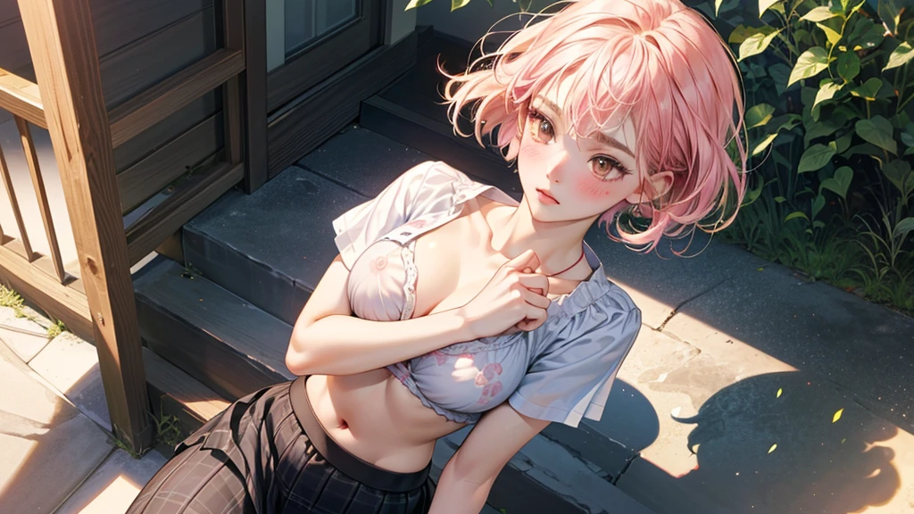 One Woman, alone, I could see the whole body、 ((short hair)), ((Brown eyes, Beautiful eyelashes, Realistic eyes)), ((Detailed face, blush:1.2)), ((Smooth texture:0.75, Realistic texture:0.65, Realistic:1.1, Anime CG Style)), ((Glamorous Body)),((Beautiful breasts)), Dynamic Angle, Perfect body,(Hotel stairs)、Glamorous expression、I can see her panties peeking out in front of me.., Angle looking up from the top of the stairs、 (((The wind blew up her skirt、Your pants are completely visible..、Pink floral pantieasterpiece, Highest quality, High resolution, Pixel perfect, 8K,))), Ultra HD、super high quality、Nude drawing model、Beautiful nipples、Breast size is C cup、17Year old girl