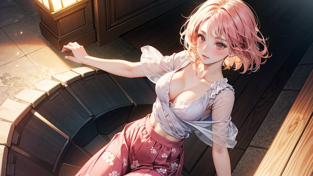 One Woman, alone, I could see the whole body、 ((short hair)), ((Brown eyes, Beautiful eyelashes, Realistic eyes)), ((Detailed face, blush:1.2)), ((Smooth texture:0.75, Realistic texture:0.65, Realistic:1.1, Anime CG Style)), ((Glamorous Body)),((Beautiful breasts)), Dynamic Angle, Perfect body,(Hotel stairs)、Glamorous expression、I can see her panties peeking out in front of me.., Angle looking up from the top of the stairs、 (((The wind blew up her skirt、Your pants are completely visible..、Pink floral pantieasterpiece, Highest quality, High resolution, Pixel perfect, 8K,))), Ultra HD、super high quality、Nude drawing model、Beautiful nipples、Breast size is C cup、17Year old girl