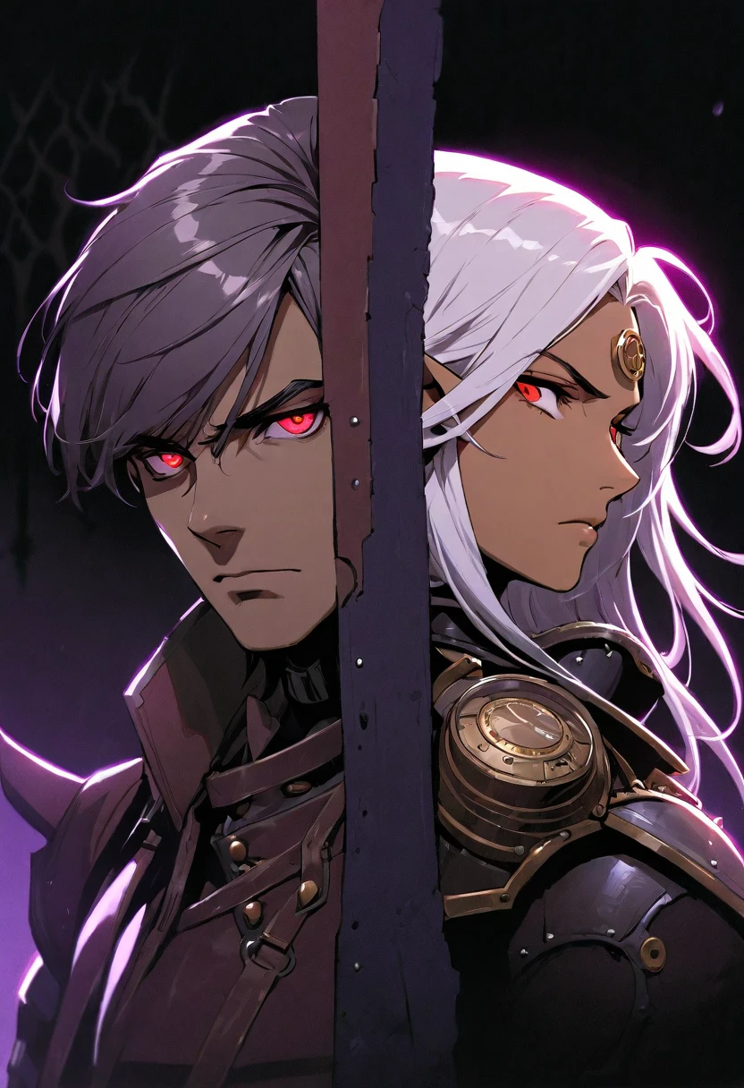 masterpiece, best quality, ultra high res, dark theme, 1boy, (dungeonpunk armor), (steampunk armor), (wearing armor), fantasy illustration, dark skinned, human, upper body, portrait, red eyes, long white hair, half-drow, pointy ears, serious face, young man, dramatic lighting, purple hue, art by Kinema Citrus
