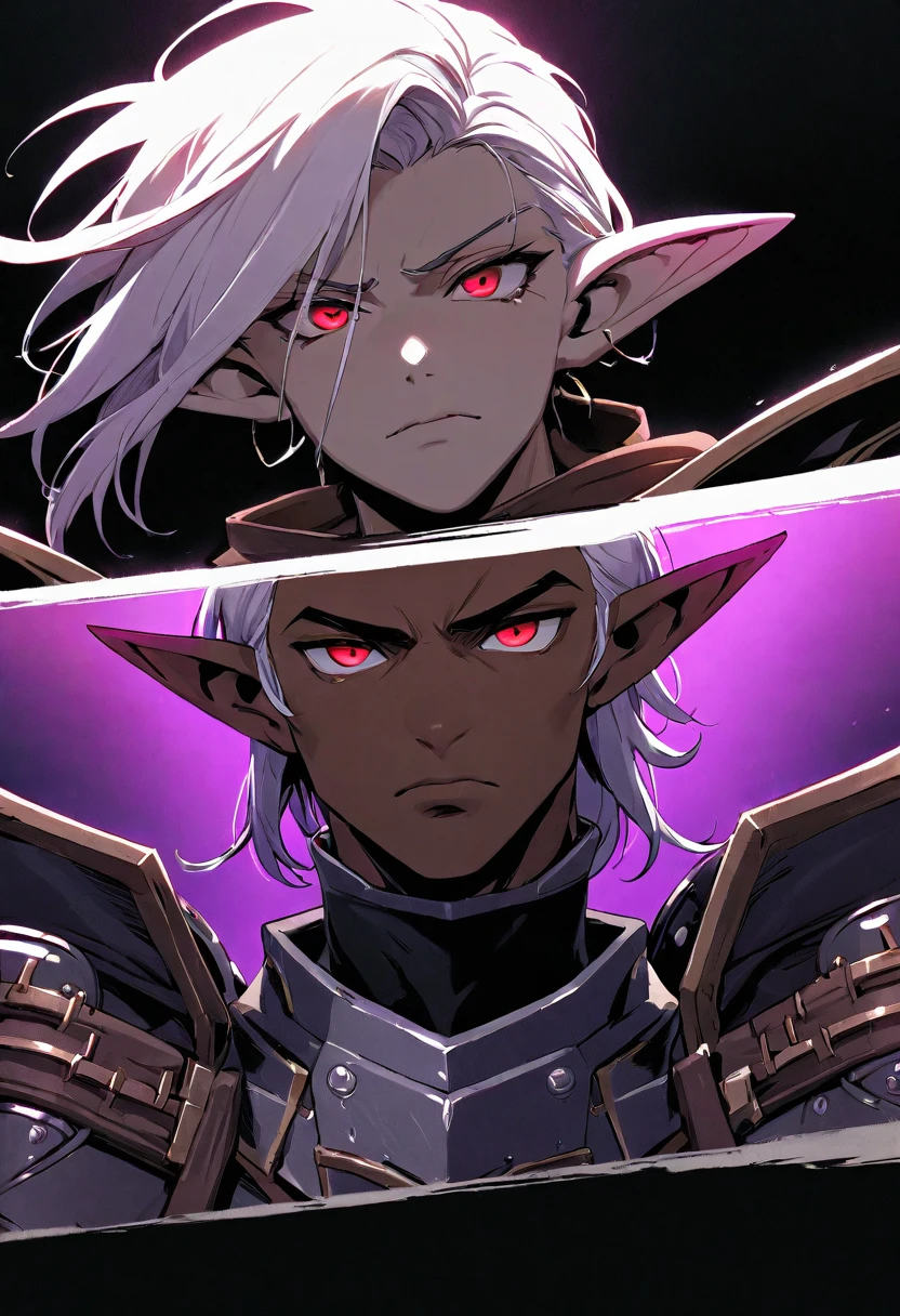 masterpiece, best quality, ultra high res, dark theme, 1boy, (dungeonpunk armor), (steampunk armor), (wearing armor), fantasy illustration, dark skinned, human, upper body, portrait, red eyes, long white hair, half-drow, pointy ears, serious face, young man, dramatic lighting, purple hue, art by Kinema Citrus