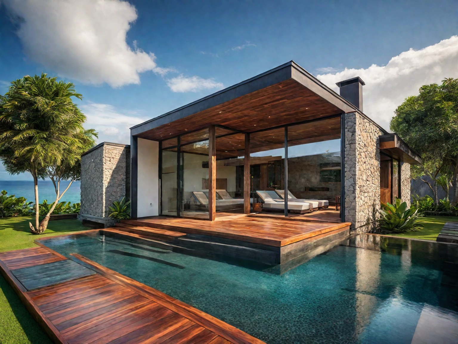 exterior of house, rustic style, rock wall, wood door, pool, metal roof, nice tropical landscape, morning, sky, few cloud, realistic, high quality, masterpiece