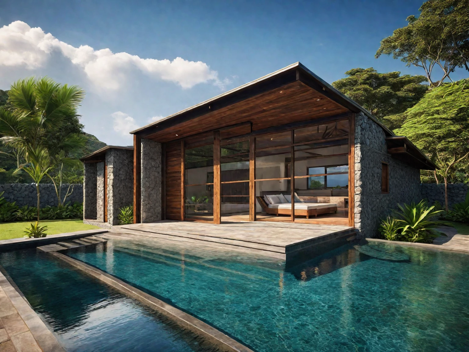 exterior of house, rustic style, rock wall, wood door, pool, metal roof, nice tropical landscape, morning, sky, few cloud, realistic, high quality, masterpiece