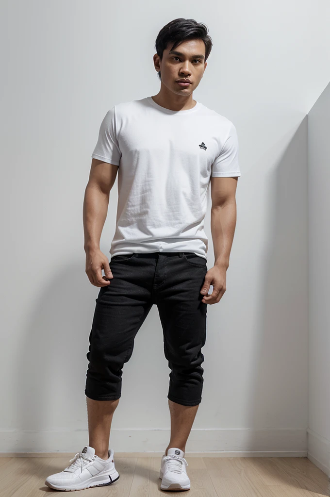 Realistic, 3D caricature, a 30 year old young man from Indonesia, wearing a white t-shirt, short straight hair, black jeans, black sports shoes, plain white background, detail, HD.