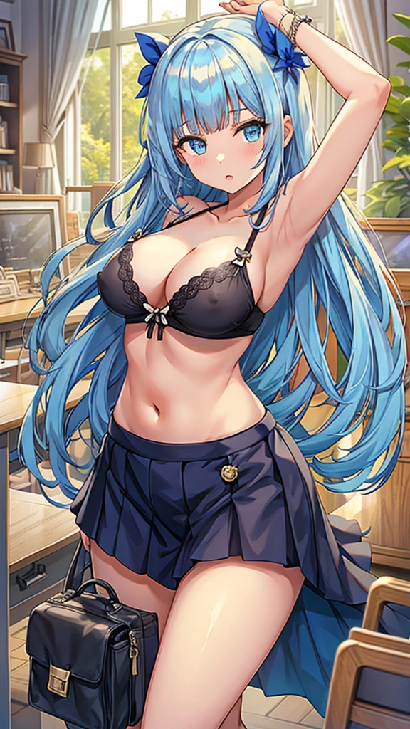 Masterpiece、Highest quality、Super detailed、1 girl、(Big Tits)、Fluffy and soft long hair、Blue Eyes、Cleavage、(Showing undermile、Too big breasts、Light blue hair、Belly button、Nipple Covers、School classroom