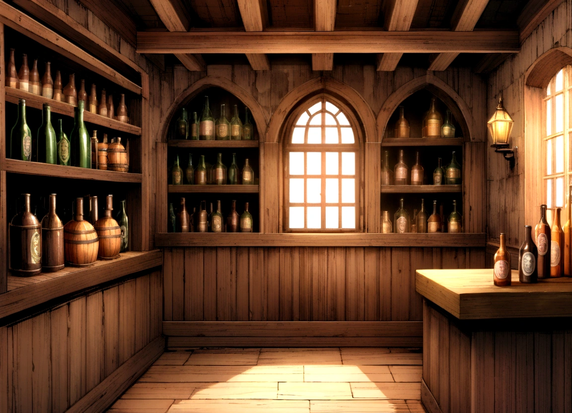 old English pub interior, rough tiled walls, wooden floor, large window with a view of the sea, shelves with bottles, cobwebs in corners