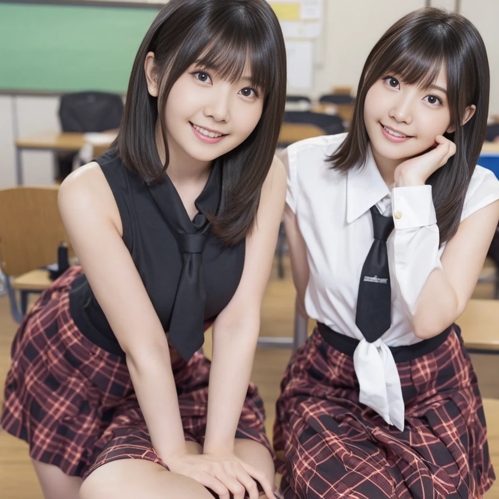 (high school girl、Checked micro mini skirt、Sleeveless、tie、Ass、Black Hair、Big Ass、School classroom)、Extremely sexy、smile、Professional Lighting、Small waist、Beautiful adult woman、Captivating thighs、Very large breasts、Cleavage、Are standing