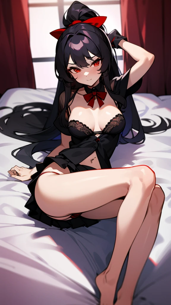 wavy black hair, piercing look with deep red eyes, average stature, Silky hair with a ponytail hairstyle collected with a red bow with two white lines., lying in her bed ,unclothed , has a vagina, has breasts,NSFW, poses perverteds, lustful look, perverted, wearing a top, wearing a mini skirt, you can see her underwear under her skirt, showing my ass to the camera, transparent lingerie panties 

