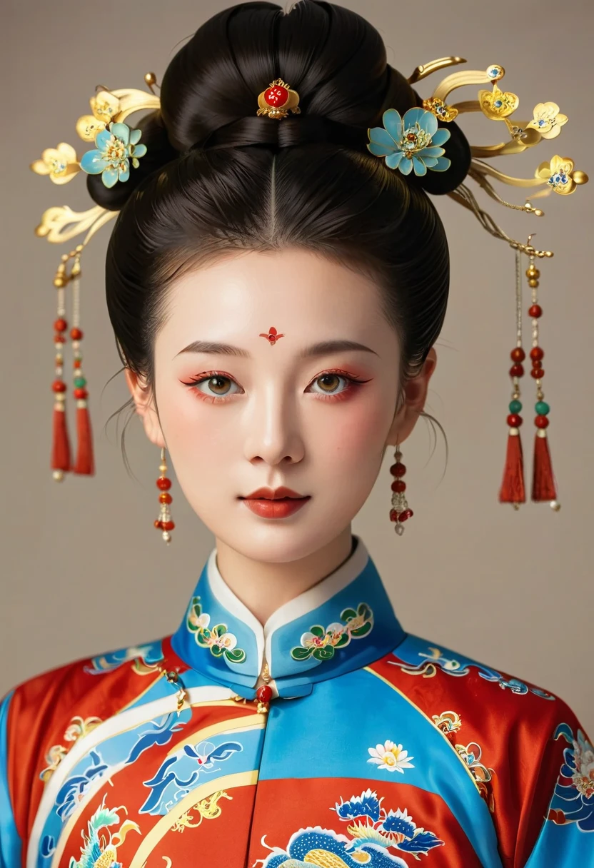 Beautiful girl portrait，symmetry，Round Face，Bright Eyes，Smooth skin，Chinese Qing Dynasty national flag clothing,egotistical,High bun，palace，Clean background