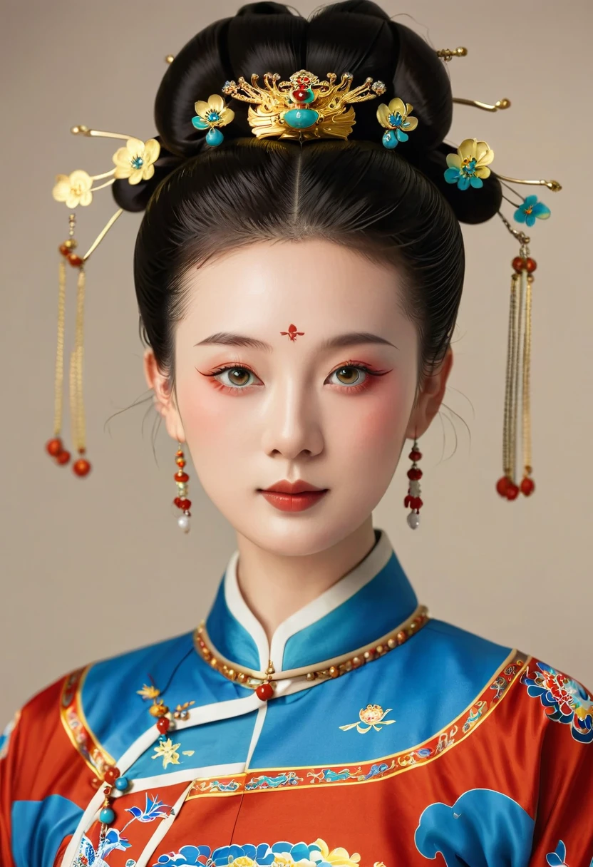 Beautiful girl portrait，symmetry，Round Face，Bright Eyes，Smooth skin，Chinese Qing Dynasty national flag clothing,egotistical,High bun，palace，Clean background