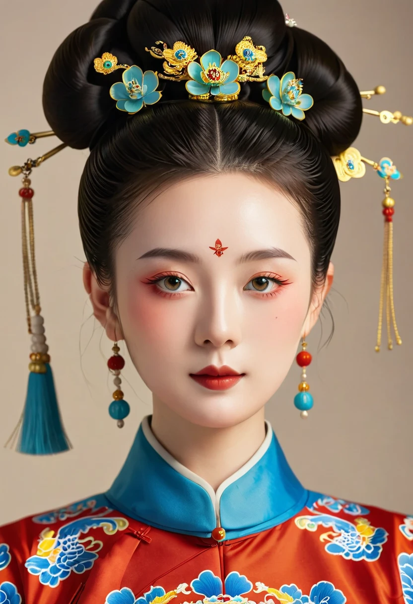 Beautiful girl portrait,symmetry,Round Face,Bright Eyes,Smooth skin,Chinese Qing Dynasty national flag clothing,egotistical,High bun,palace,Clean background