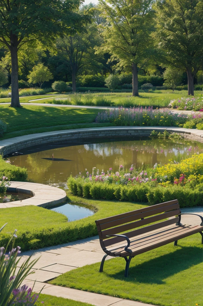 Illustration for an article about landscape design, variety of colors, bench near the pond. hd quality