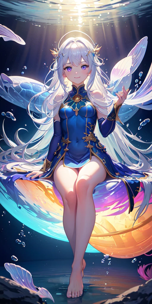 [(Transparent background:1.5)::5],(((masterpiece))),(((best quality))),(((extremely detailed))),illustration, 1girl,solo,mysterious,vivid color,shiny, underwater transparent sealed hemispherical glass dome, (white hair),(purple eyes), full body,barefoot,long hair tranquil nature, koi,Underwater, Dome,close up,Dynamic actions,Lens perspective,(((Box composition))),sit cross-legged and lean against the bookshel, volumetric lighting, multi-color eyes, detailed eyes, hyper detailed,light smile, highly detailed, beautiful, small details, ultra detailed, best quality, intricate, 4k, 8k, trending on artstation, good anatomy, beautiful lighting, award-winning,