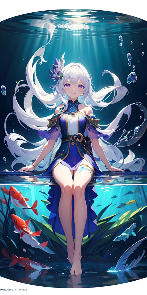 [(Transparent background:1.5)::5],(((masterpiece))),(((best quality))),(((extremely detailed))),illustration, 1girl,solo,mysterious,vivid color,shiny, underwater transparent sealed hemispherical glass dome, (white hair),(purple eyes), full body,barefoot,long hair tranquil nature, koi,Underwater, Dome,close up,Dynamic actions,Lens perspective,(((Box composition))),sit cross-legged and lean against the bookshel, volumetric lighting, multi-color eyes, detailed eyes, hyper detailed,light smile, highly detailed, beautiful, small details, ultra detailed, best quality, intricate, 4k, 8k, trending on artstation, good anatomy, beautiful lighting, award-winning,