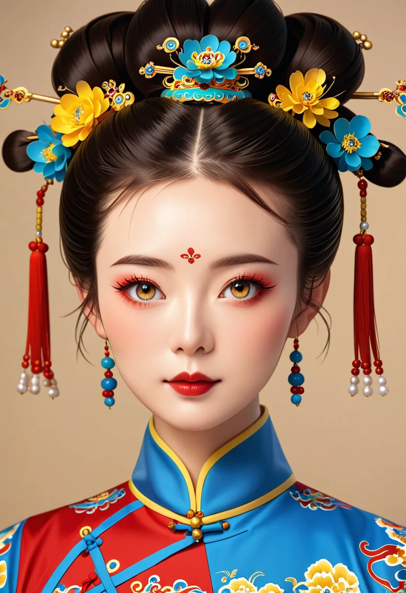 Beautiful girl portrait，symmetry，Round Face，Bright Eyes，Smooth skin，Chinese Qing Dynasty national flag clothing,egotistical,High bun，palace，Clean background