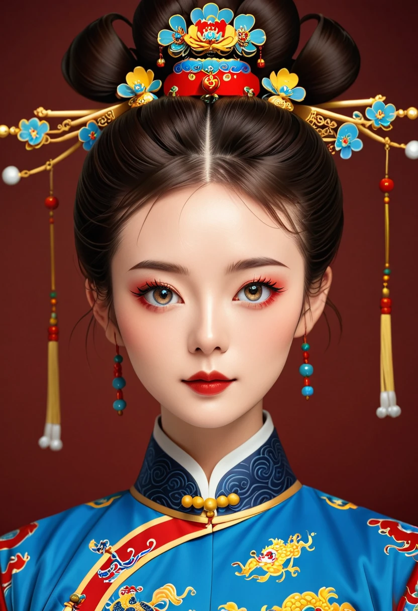Beautiful girl portrait，symmetry，Round Face，Bright Eyes，Smooth skin，Chinese Qing Dynasty national flag clothing,egotistical,High bun，palace，Clean background