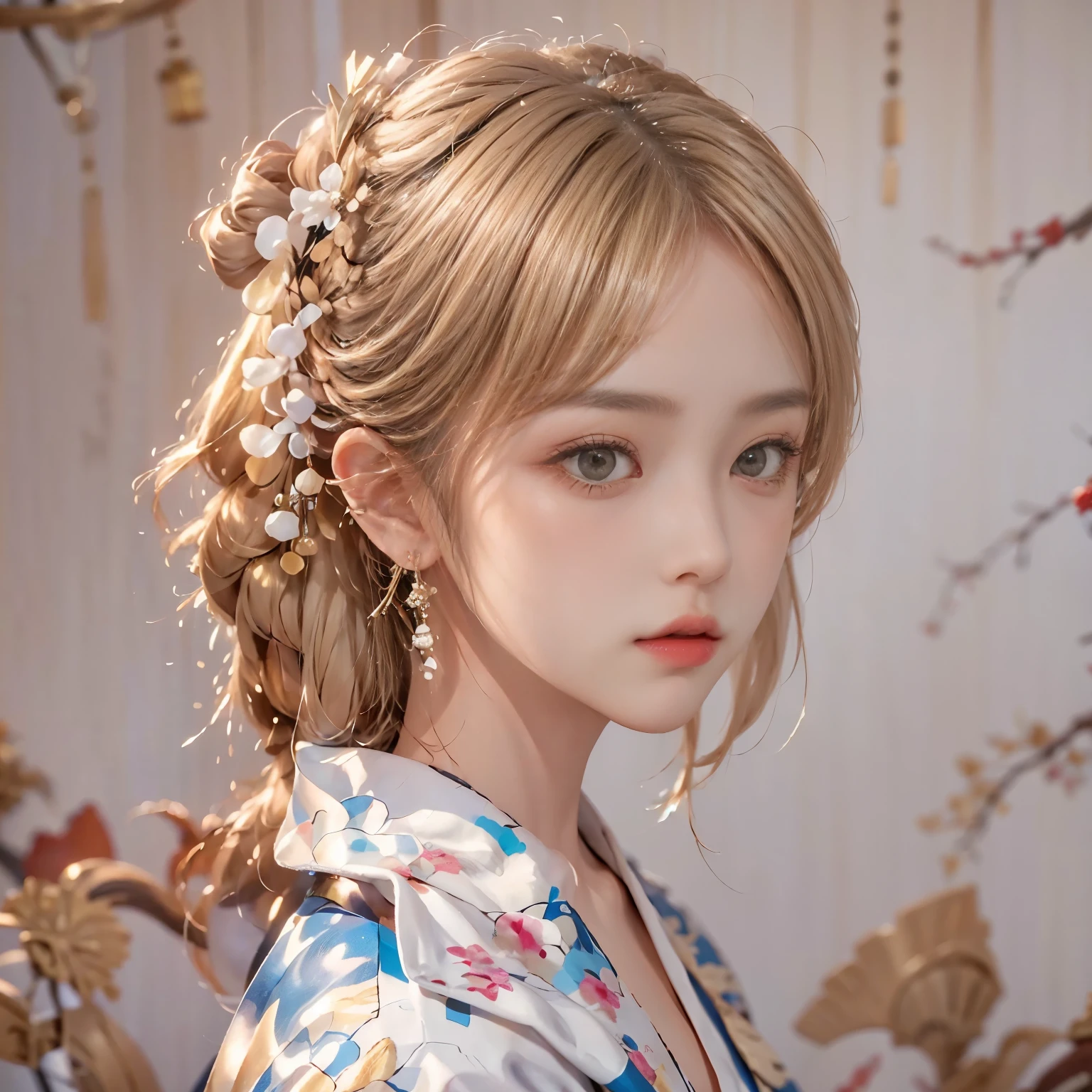 8K）、（Best image quality:1.5）、gray background、face close up、１girl、masterpiece、Delicate and sharp eyes、brown eyes、power of eyes、delicate face、cup、fascinating face、platinum blonde hair、Half length wave、Japanese-style kimono、white kimono、Kimono that shows the collarbone、female、collarbone emphasis、earring、