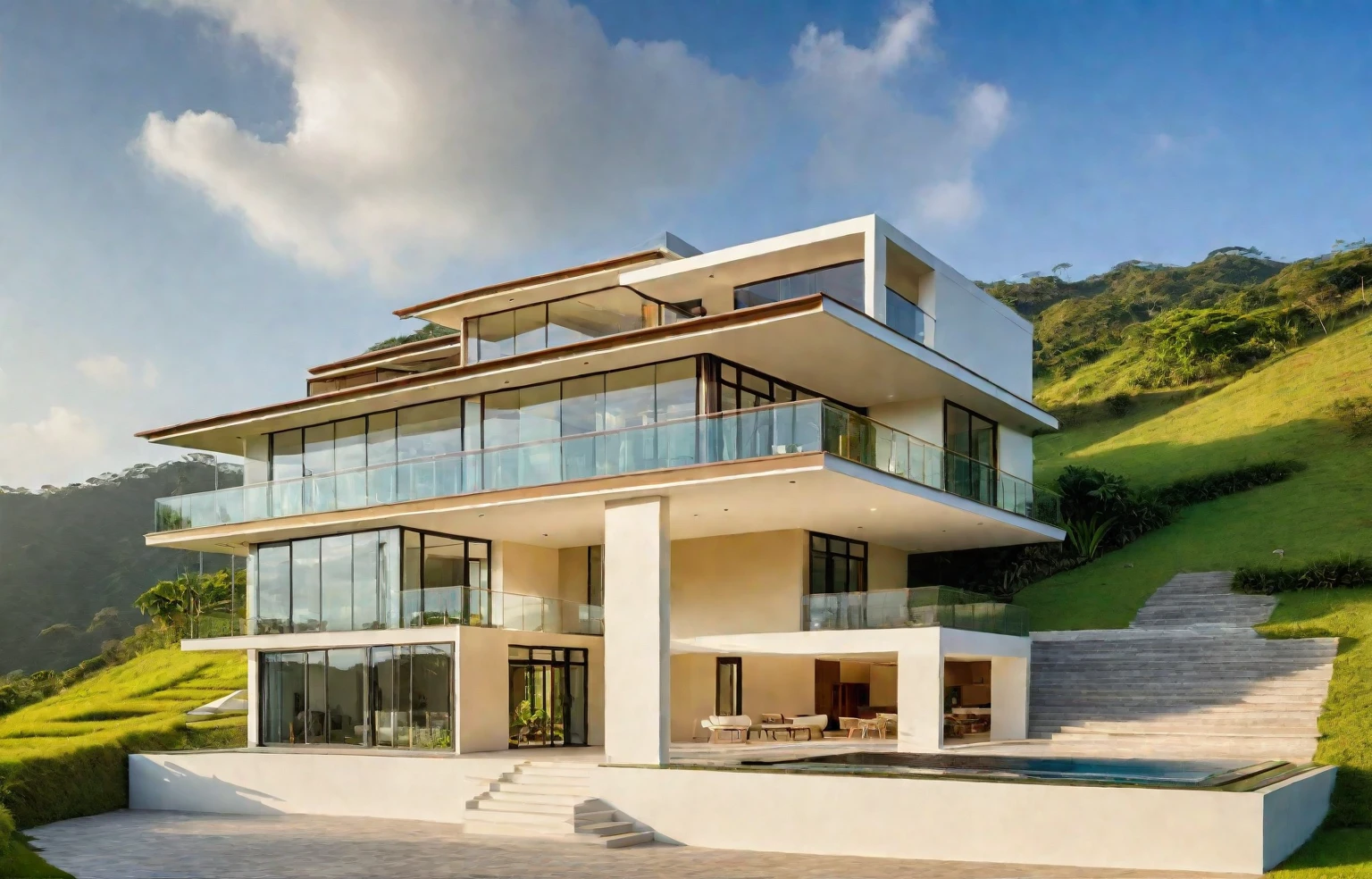 in the morning, sunrise, contemporary house exterior, beige and white mix together, glass door and window, large span balcony, on grassland, hillside, tropical landscape, masterpiece, high quality, ultra hd,