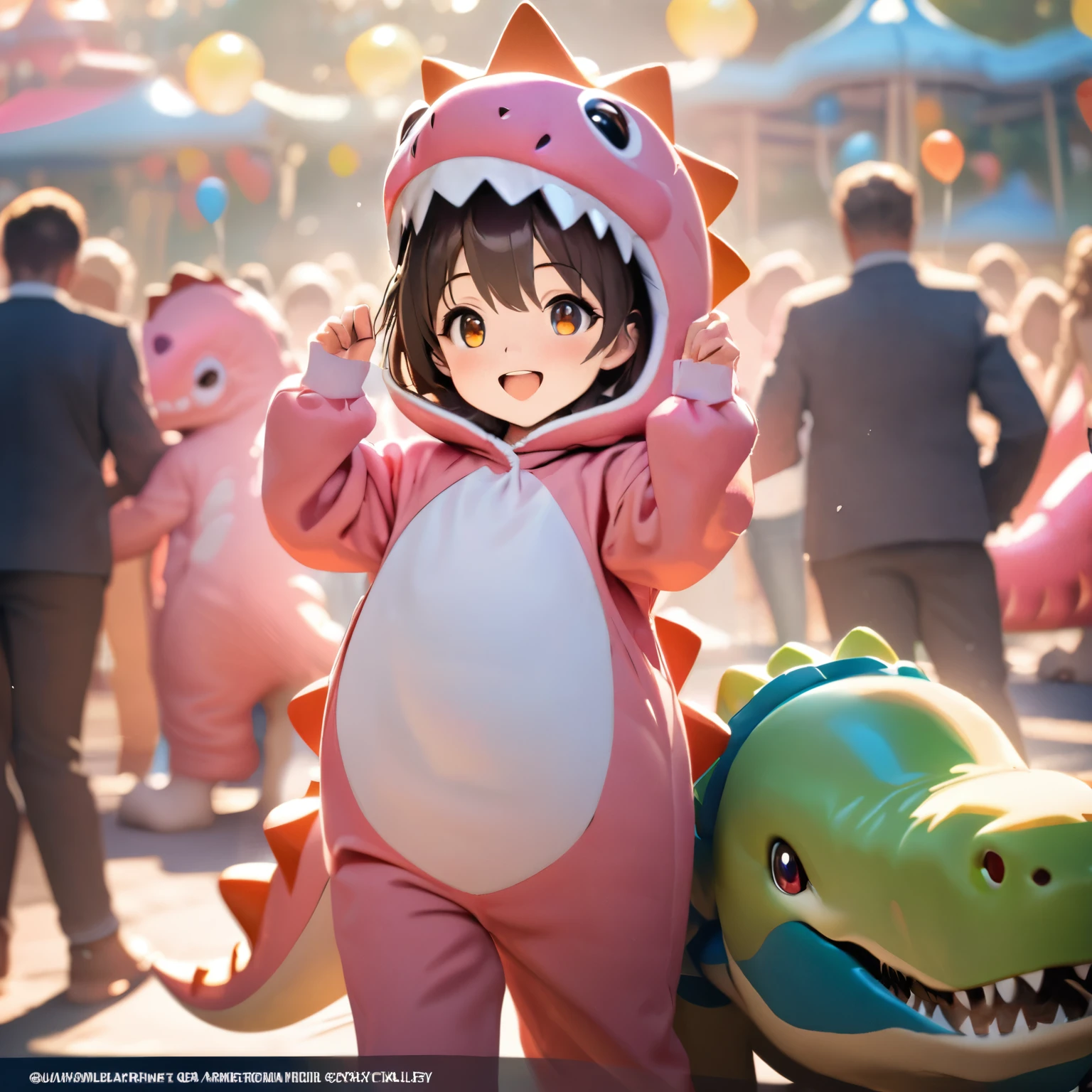 (best quality,8k,highres, masterpiece:1.2), ultra-detailed, HDR, UHD, studio lighting, ultra-fine painting, sharp focus, physically-based rendering, extreme detail description, professional, vivid colors, bokeh, portraits, concept artists, warm color palette, dramatic lighting,Amusement park on a sunny day, attendants in pink dinosaur costumes, smiling children around dinosaur costumes, attendants holding a bunch of balloons, sunny blue sky, people smiling, people playing on playground equipment in the background,