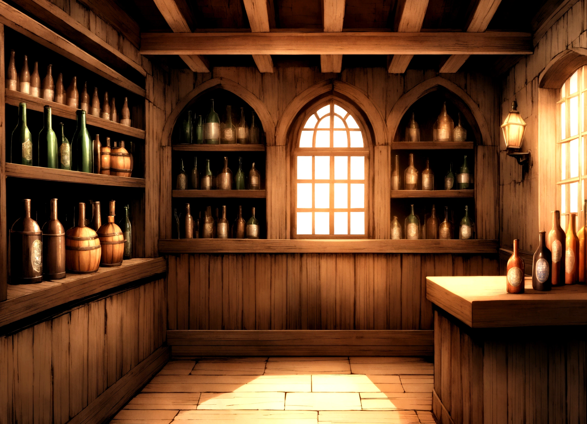 old English pub interior, rough tiled walls, wooden floor, large window with a view of the sea, shelves with bottles, cobwebs in corners
