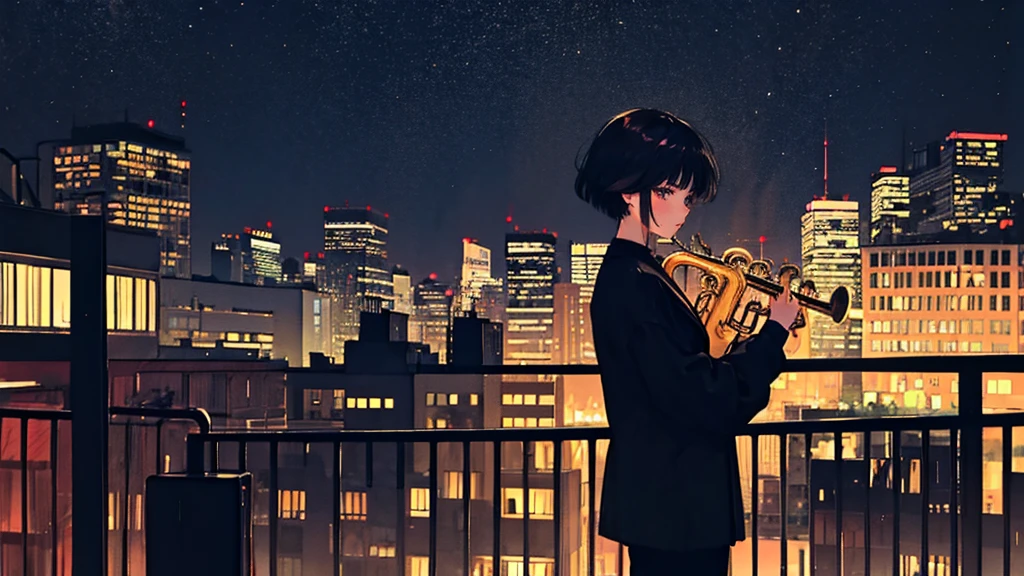 Black short Hair, Black Clothing, One Adult Woman Looking Sideways , City of night, Delicate background、Masterpiece、Night Town、night、dark、Nostalgic、City、Playing the saxophone