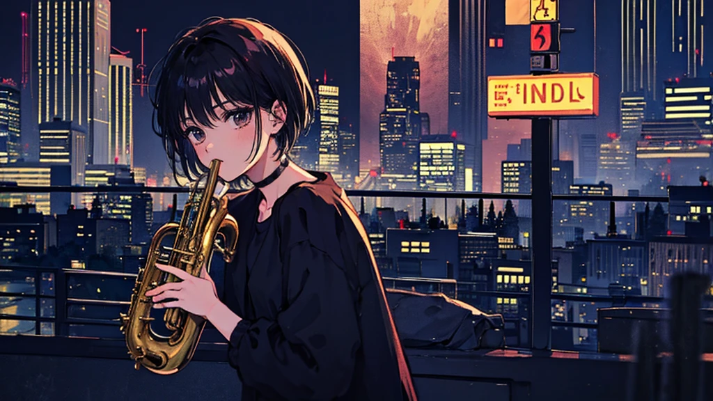 Black short Hair, Black Clothing, One Adult Woman Looking Sideways , City of night, Delicate background、Masterpiece、Night Town、night、dark、Nostalgic、City、Playing the saxophone