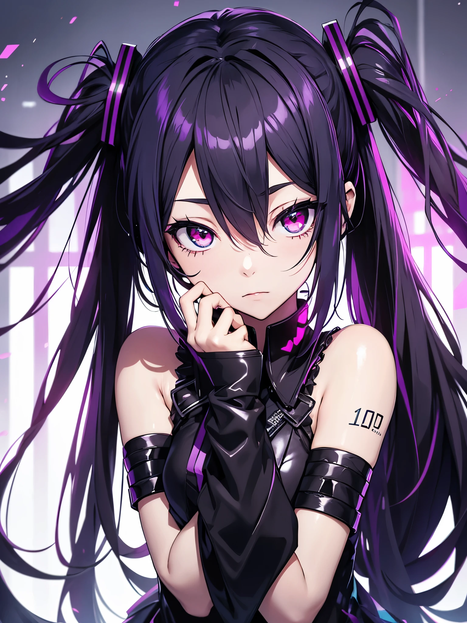hatsune miku, emo, goth, black and purple hair, red eyes