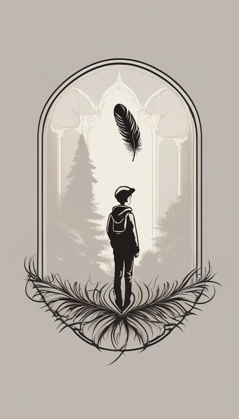 Create a minimal, modern, simple, inspirational, memorable, dream like logo design of a boy and a feather for the brand “Penamemoria".