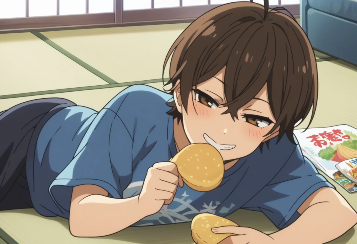 score_8_up, score_7_up, score_6_up, source anime, anime screencap, miwa, shirt, tatami mat, indoors, living room, looking at viewer, smirk, half-closed eyes, blush, lying on side, magazine, eating potato chip, potato chip bag, 