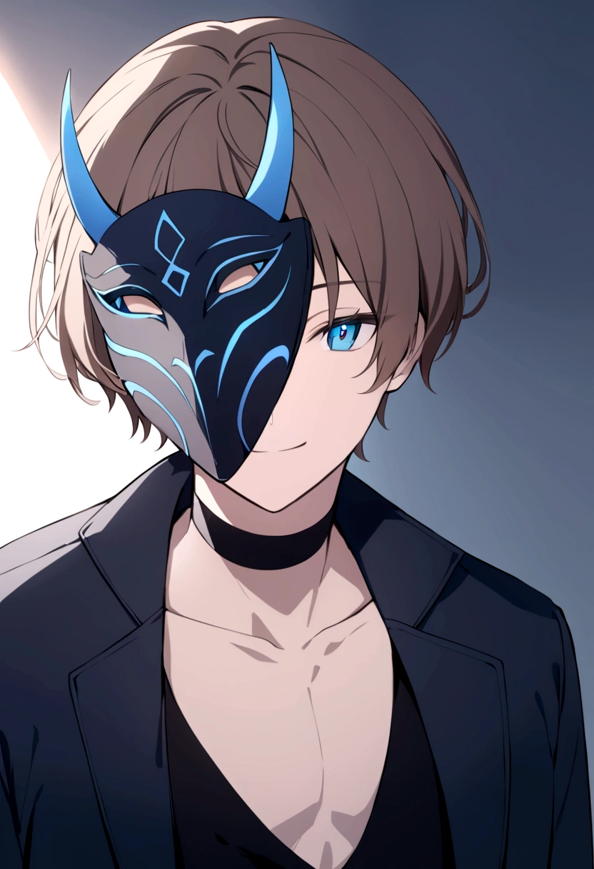 (man in half smile mask on the left side )(blue color)(blue eyes) brown hair)(blue horns)(Dressed in black)(Short haired)(alone)