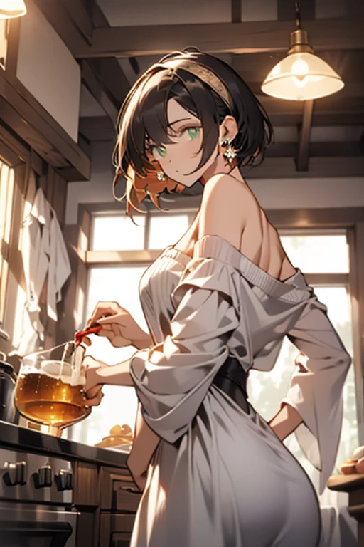 (small breasts:1.3), (perky chest:1.1), (pointed chest:1.0), (fashion magazine cover:1.3),(from below:1.0),(from side:0.9),masterpiece, 1girl, Amazing Cleavage:1.1, thin waist, big ass, Raised sexy, small breast: 1.3, posed cleavage:1.2、solo, looking at viewer, open mouth, have a cute grass of cute beergrass,black hair, dark green eyes, dress, bare shoulders, jewelry, collarbone, sidelocks, hairband, earrings, indoors, off shoulder, :o, sweater, arms behind back, plant, short hair with long locks, gild hairband, off-shoulder dress, sweater dress, off-shoulder sweater, red sweater, dark gord hair, big side hair, very long side hair,is rendered in (masterpiece: 1.2, best quality), with (ultra high resolution) and an exquisite (depth of field). This masterpiece is not only visually stunning but also tells,A scene of cooking in the kitchen by classroom