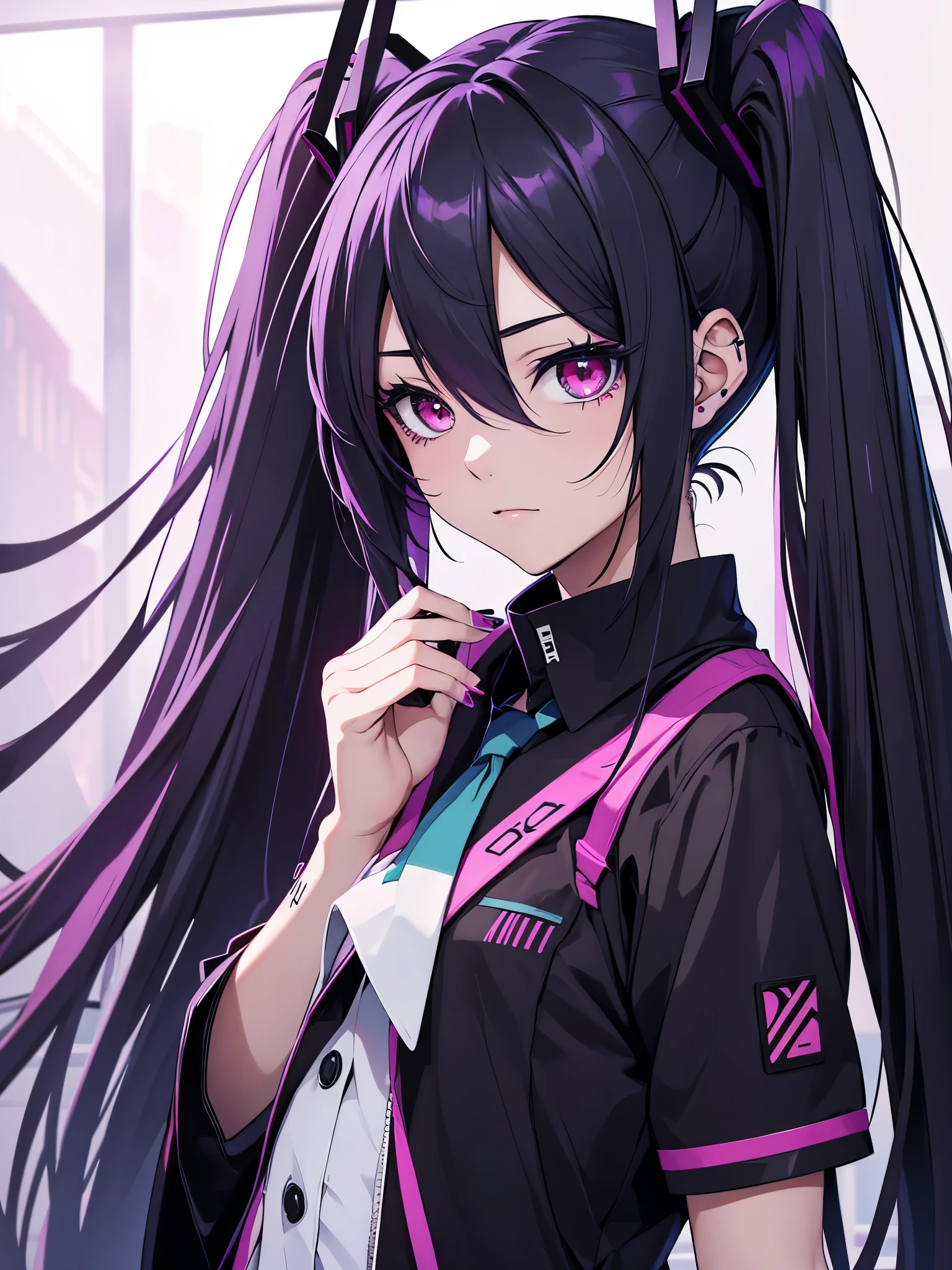 hatsune miku, emo, goth, black and purple hair, red eyes