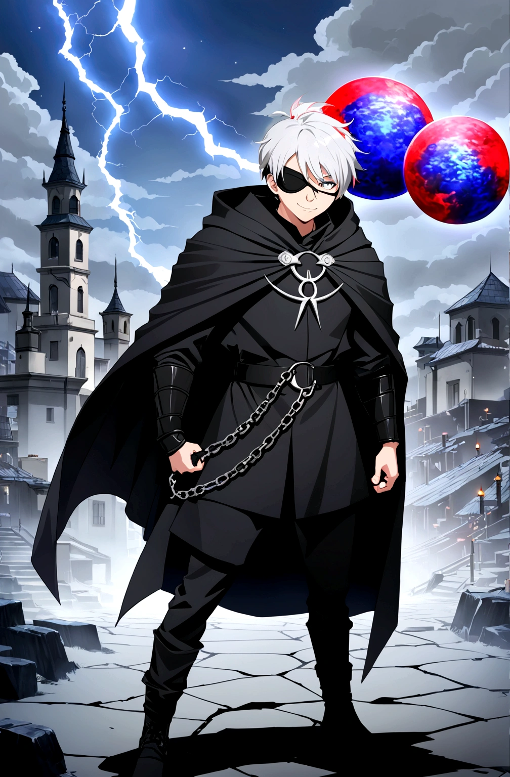 a man, young 20 years old, cold look, smiling fiercely, white teeth, messy short gray hair, ponytail, black eyes, left eye patch, black clothes, dark cape with hood, chains. frontal camera. White and black lightning overflowing from the right arm, iris of the right eye glowing white.