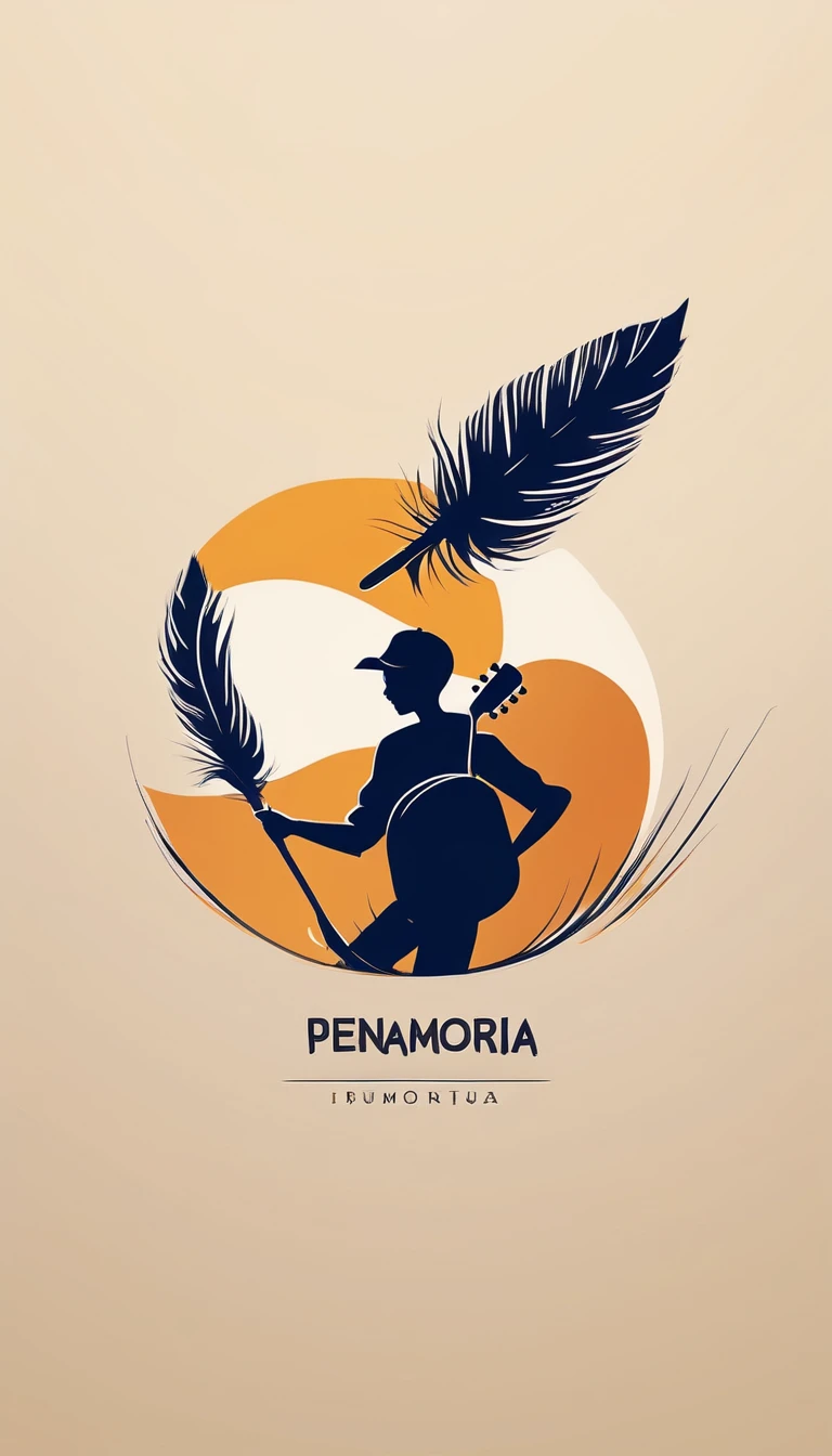 Create a modern, minimalistic logo design for a brand about music and movies called " Penamemoria". The logo must be in minimalistic style and convey a sense of storytelling. The logo is the silhouette of a boy and a bird. The boy is running with open arms, holding an acoustic guitar in the right hand and a bird feather in the left hand. Minimalistic logo design impressed on a book cover