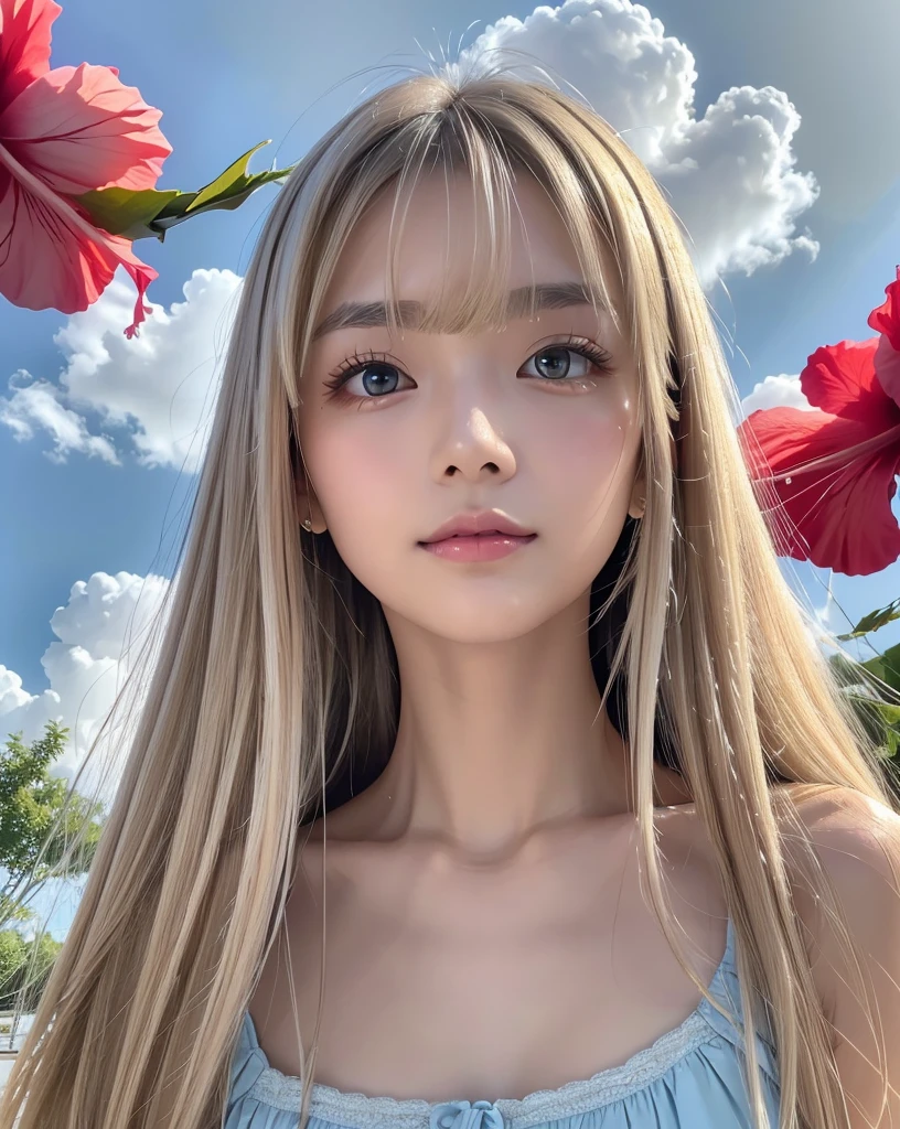 (Highest quality, 32k, High resolution, Masterpiece:1.5, ), marimo_jet, god々A photograph with brilliant dazzling and healing power., Evoking a sense of calm and elusive beauty, Expressing emotions, Have a rich imagination,Beautiful Japanese Girls, An exceptionally beautiful face, ((Shooting from below:1.2)), Small Face Beauty, Perfect Human Anatomy, Magical big eyes, Motherhood and generosity, Deep Love, A fleeting smile, ((Shiny ash beige hair:1.4)), Super Long Straight Silk Hair, Asymmetrical bangs, Hair between the eyes, Transparent, soft white skin, Sharp eyebrows, Thin lashes, Natural Makeup, Cheek highlighter, Pale pink detailed lips, ((Light blue inner camisole:1.3)), High resolutionの完璧な鎖骨, High resolutionの美しい胸元, Slim figure with ample breasts, High resolutionの美しい太もも, ((Detailed blue sky and clouds in summer:1.2)), ((Beautiful Hibiscus:1.3)), Professional Lighting, Professional photographer, Professional models, god秘的