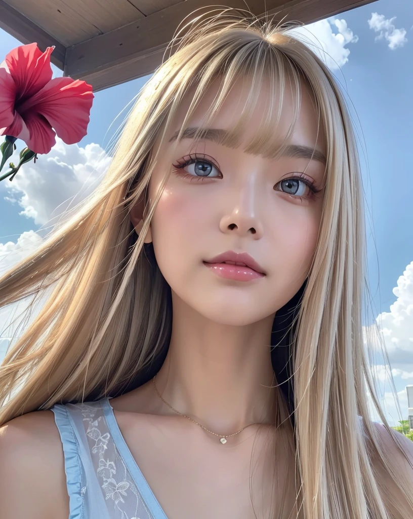 (Highest quality, 32k, High resolution, Masterpiece:1.5, ), marimo_jet, god々A photograph with brilliant dazzling and healing power., Evoking a sense of calm and elusive beauty, Expressing emotions, Have a rich imagination,Beautiful Japanese Girls, An exceptionally beautiful face, ((Shooting from below:1.2)), Small Face Beauty, Perfect Human Anatomy, Magical big eyes, Motherhood and generosity, Deep Love, A fleeting smile, ((Shiny ash beige hair:1.4)), Super Long Straight Silk Hair, Asymmetrical bangs, Hair between the eyes, Transparent, soft white skin, Sharp eyebrows, Thin lashes, Natural Makeup, Cheek highlighter, Pale pink detailed lips, ((Light blue inner camisole:1.3)), High resolutionの完璧な鎖骨, High resolutionの美しい胸元, Slim figure with ample breasts, High resolutionの美しい太もも, ((Detailed blue sky and clouds in summer:1.2)), ((Beautiful Hibiscus:1.3)), Professional Lighting, Professional photographer, Professional models, god秘的
